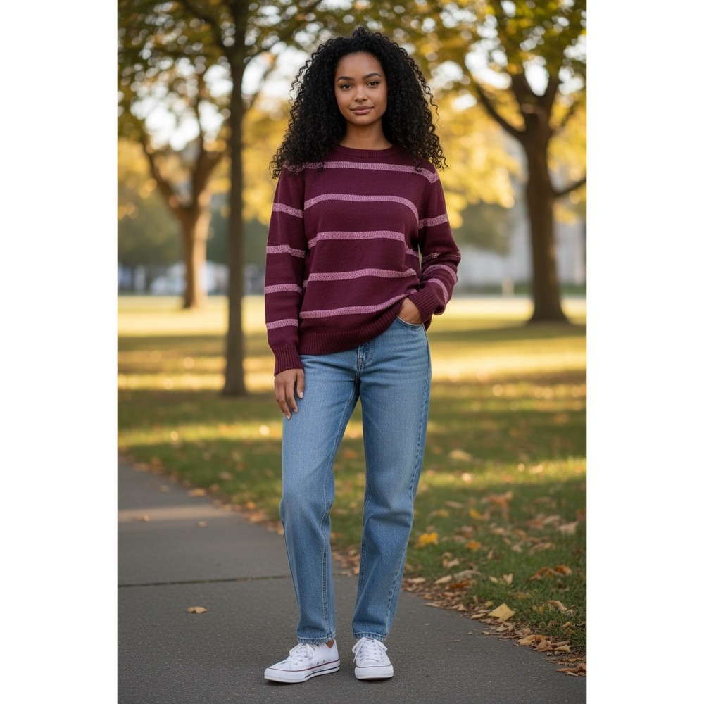 (I-263)Belle by Kim Gravel Micro Sequin Stripe Sweater Roasted Fig Small NWT QVC
